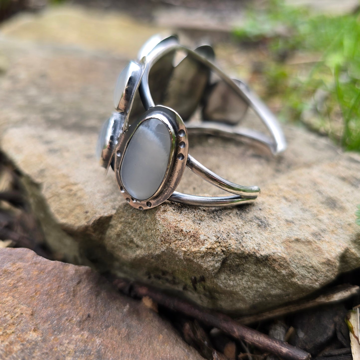 White Moonstone Statement Cuff in Sterling Silver