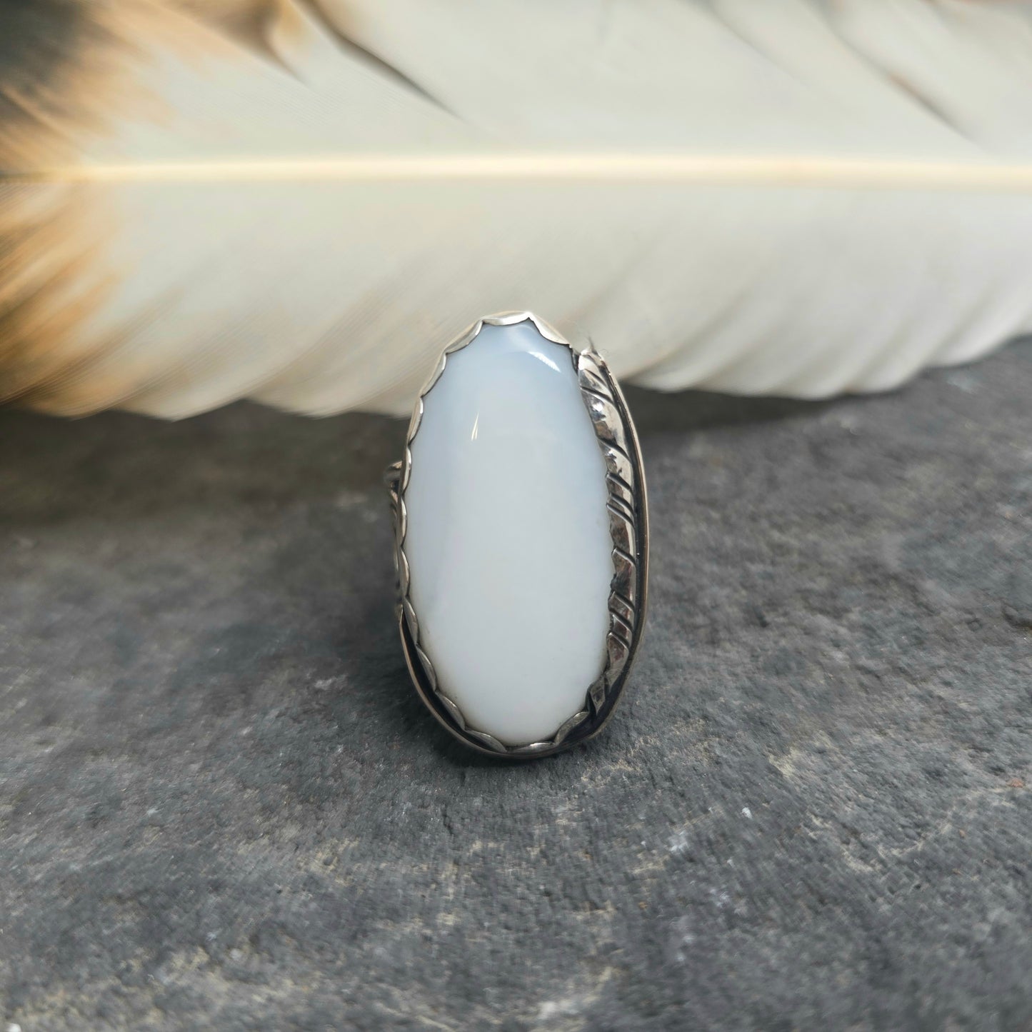 Hand-Forged White Moonstone Feather Sterling Silver Ring
