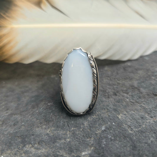 Hand-Forged White Moonstone Feather Sterling Silver Ring