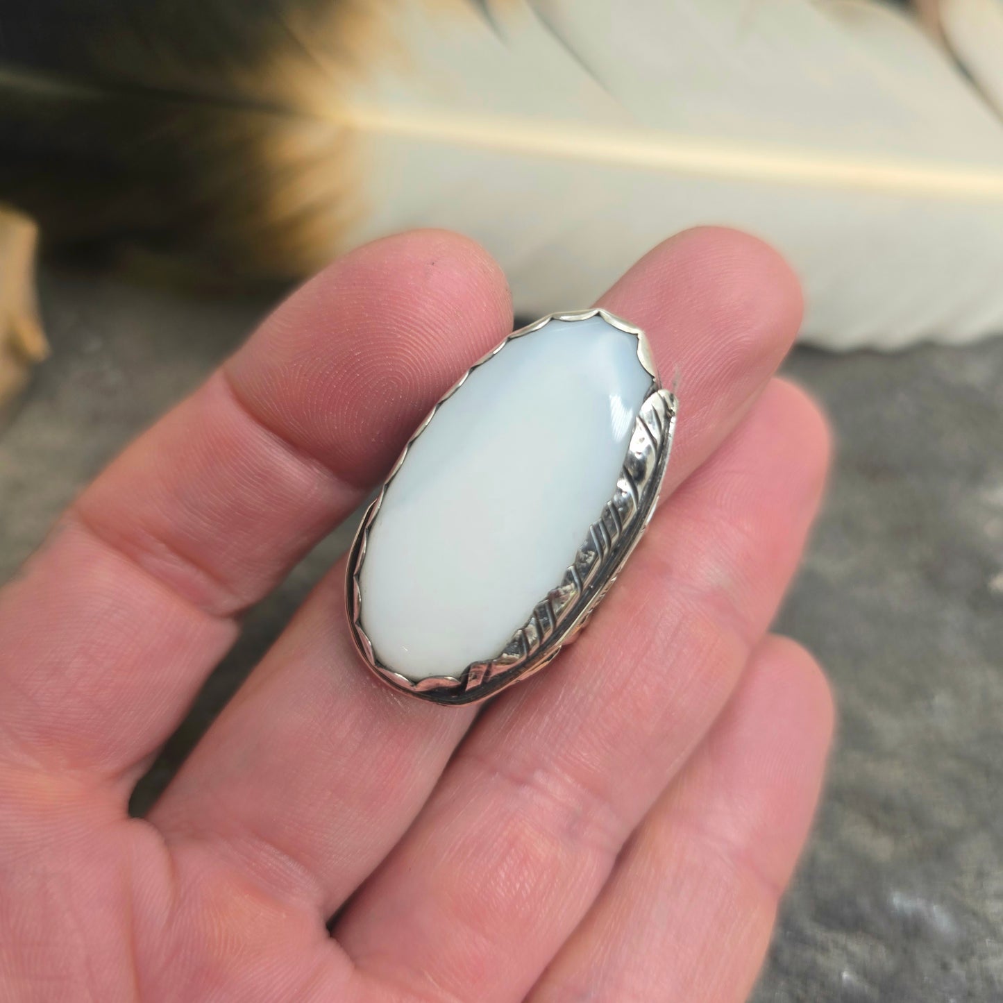 Hand-Forged White Moonstone Feather Sterling Silver Ring