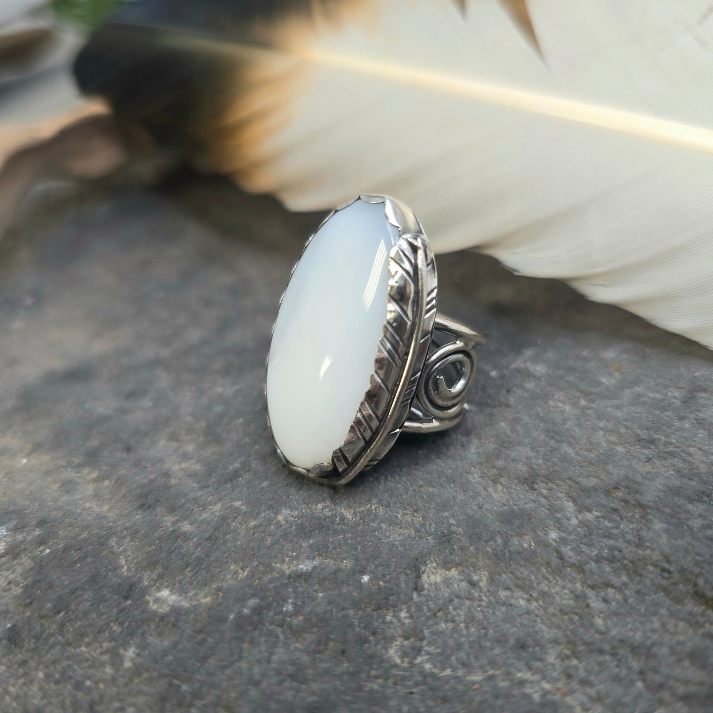 Hand-Forged White Moonstone Feather Sterling Silver Ring