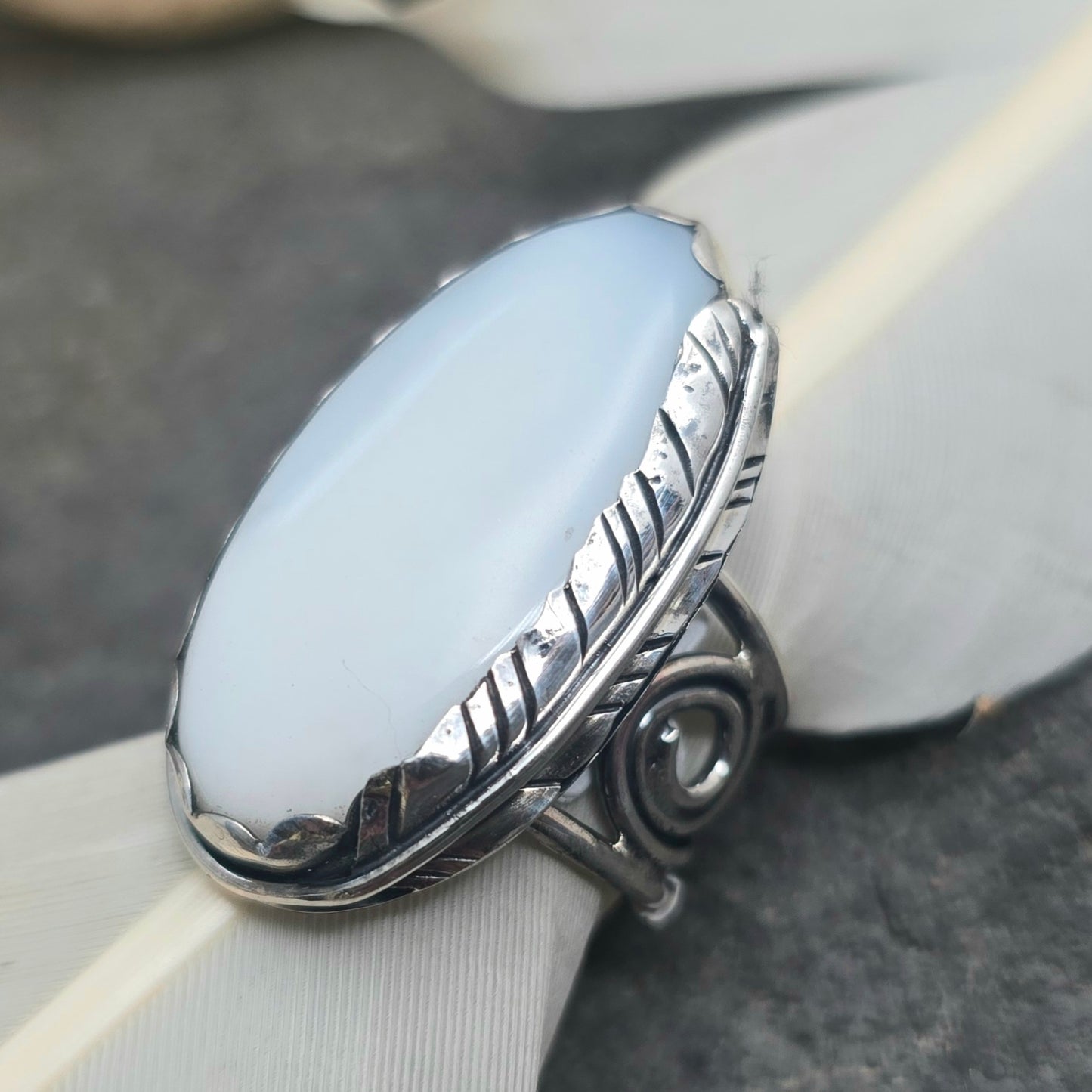 Hand-Forged White Moonstone Feather Sterling Silver Ring