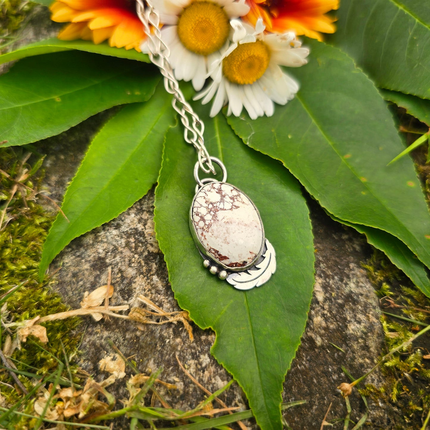 Wild Horse Jasper & Feather Hand-Forged Sterling Silver Pendant