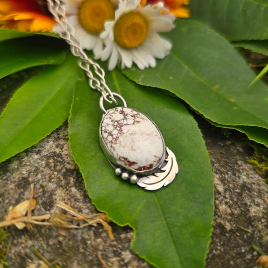 Wild Horse Jasper & Feather Hand-Forged Sterling Silver Pendant