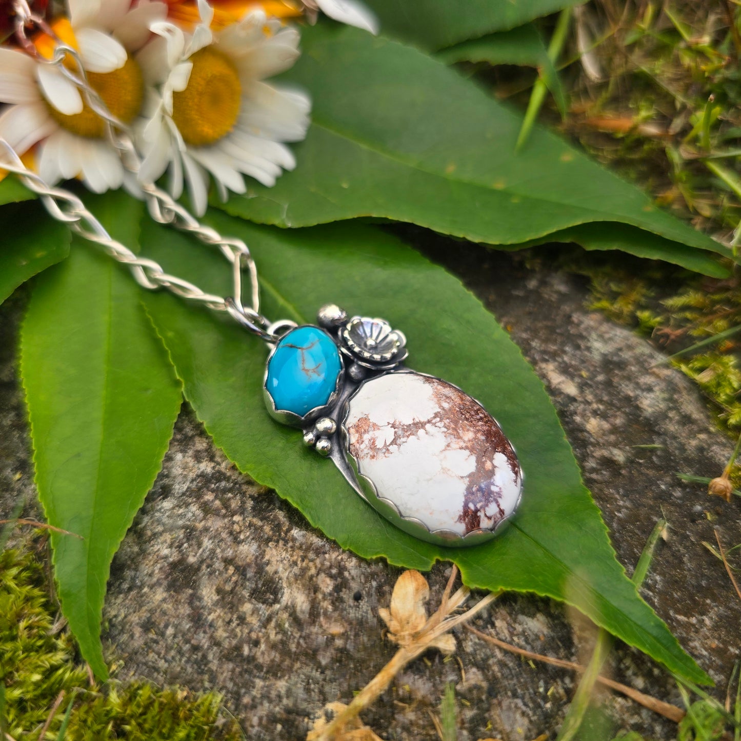 Wild Horse Jasper & Turquoise Flower Sterling Silver Pendant