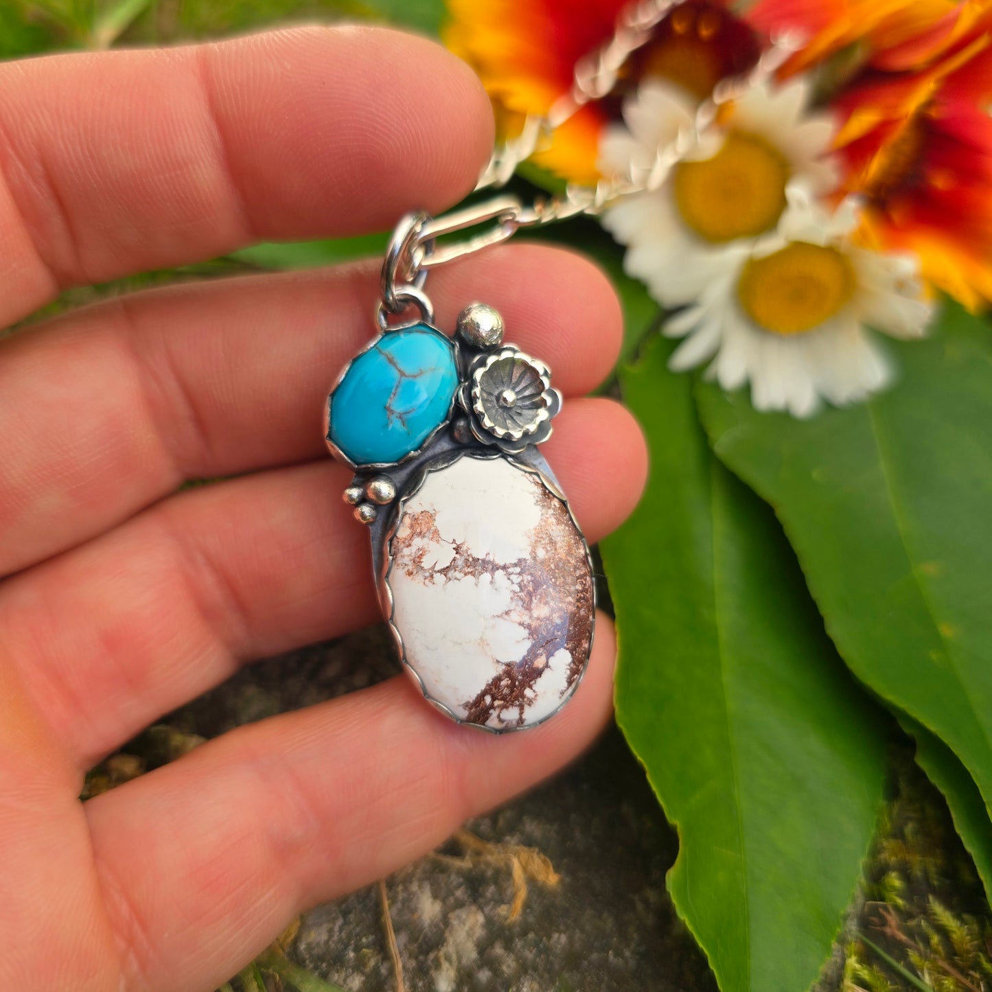 Wild Horse Jasper & Turquoise Flower Sterling Silver Pendant