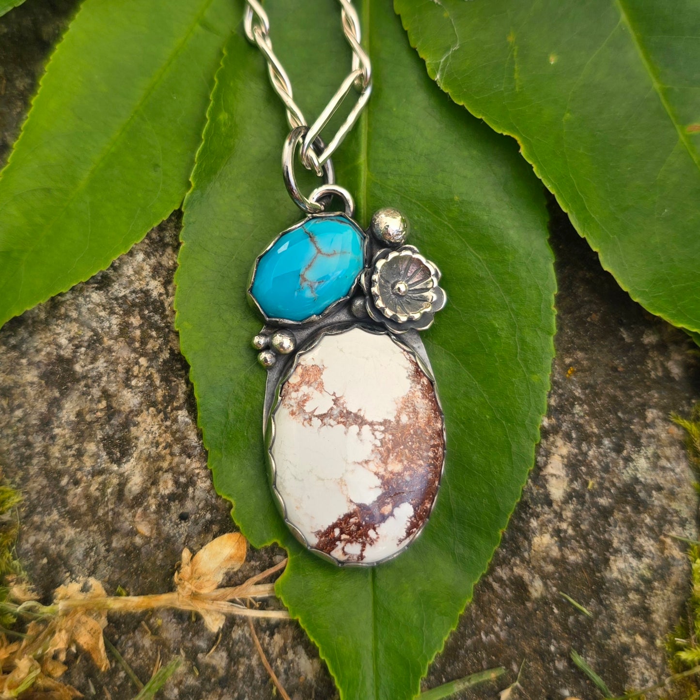Wild Horse Jasper & Turquoise Flower Sterling Silver Pendant