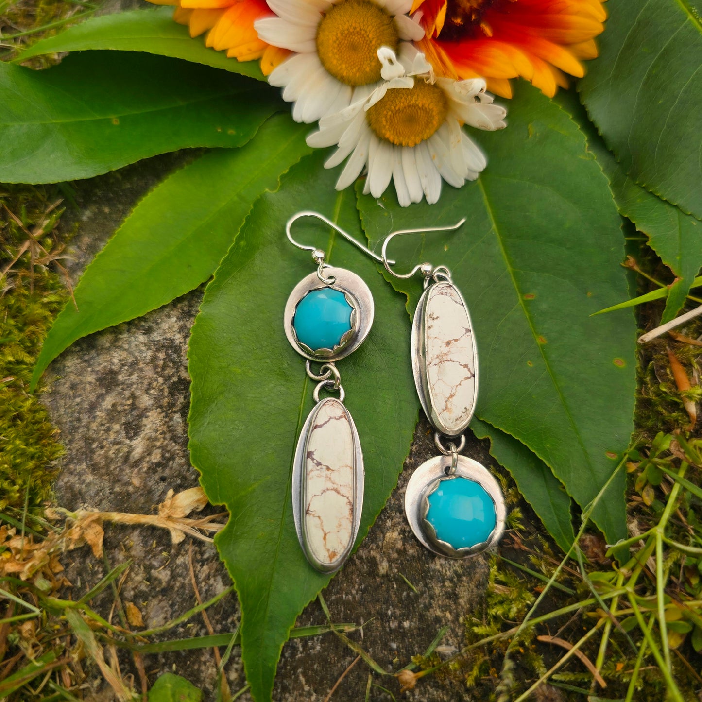 Perfectly Mismatched Wild Horse Jasper & Turquoise Sterling Silver Earrings