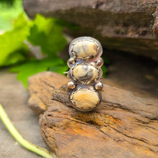 Crazy Lace Agate Triple Stone Sterling Silver Ring — Bench-Forged Statement Form