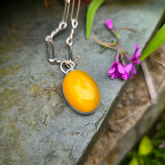 Dandelion Yellow Cat’s Eye Hand-Forged Sterling Silver Pendant