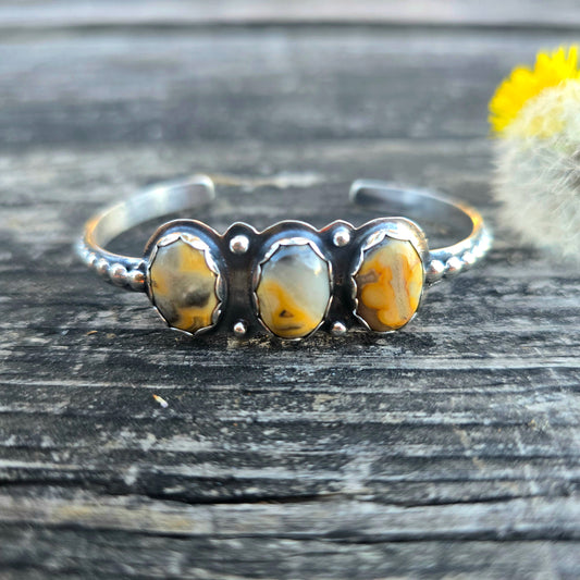 One-of-a-Kind Yellow Crazy Lace Agate Beaded Sterling Silver Cuff