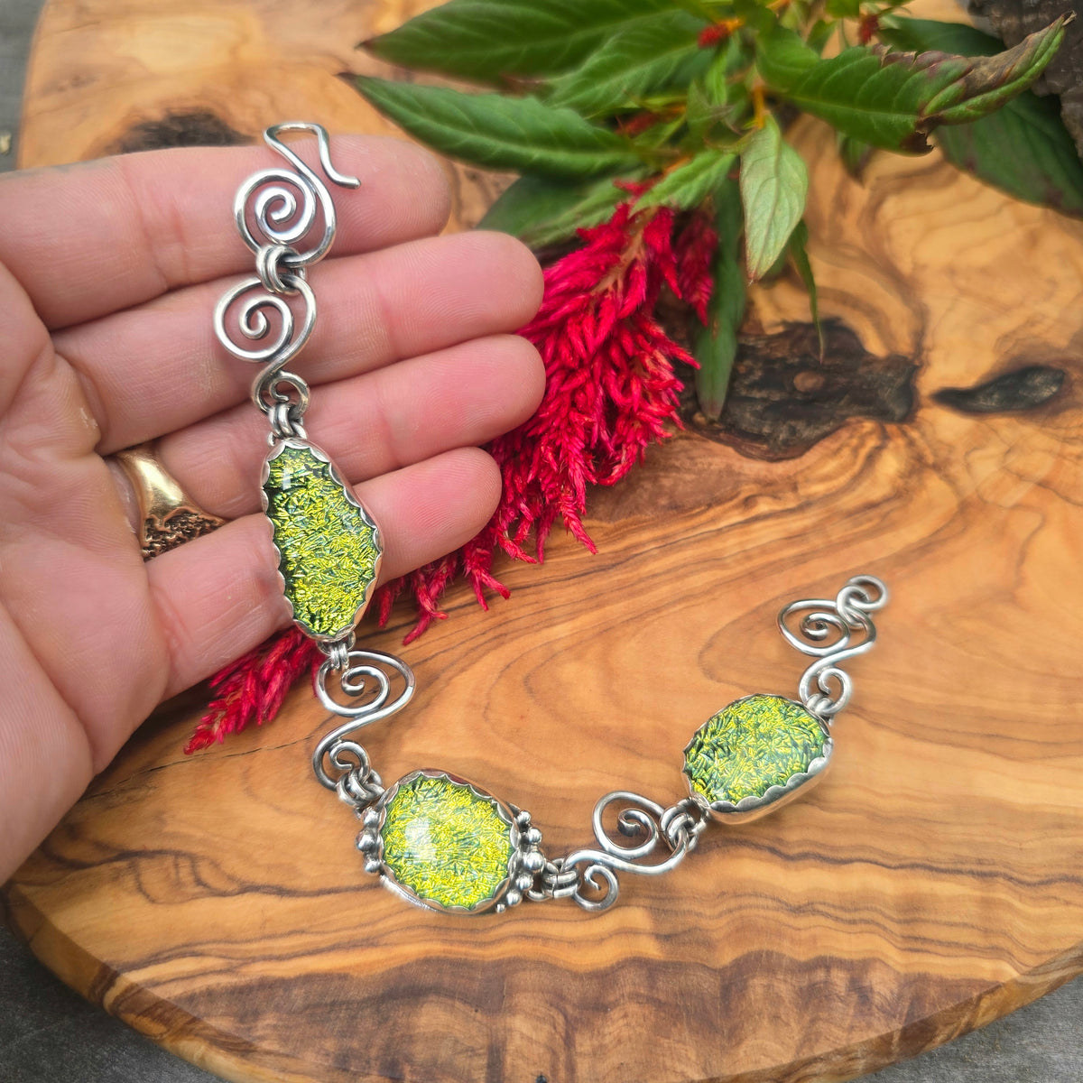 Yellow Dichroic Glass Sterling Silver Statement Chain Link Bracelet