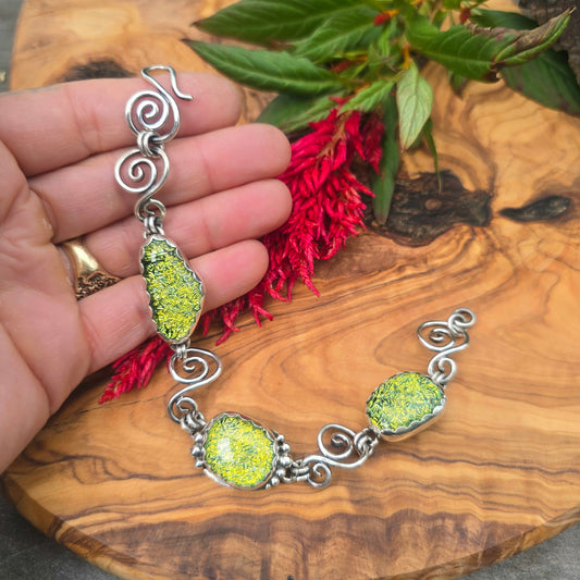 Yellow Dichroic Glass Sterling Silver Statement Chain Link Bracelet