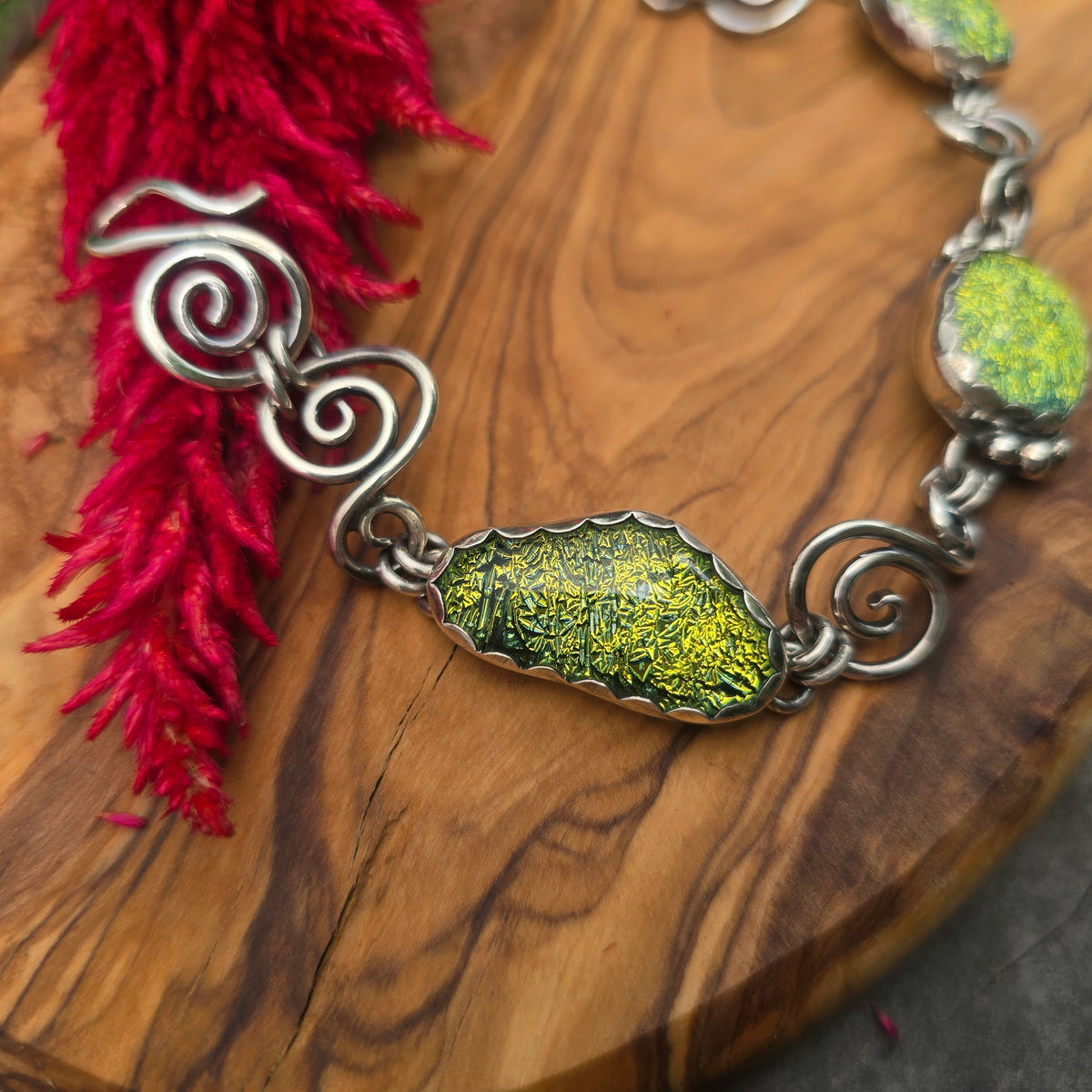 Yellow Dichroic Glass Sterling Silver Statement Chain Link Bracelet