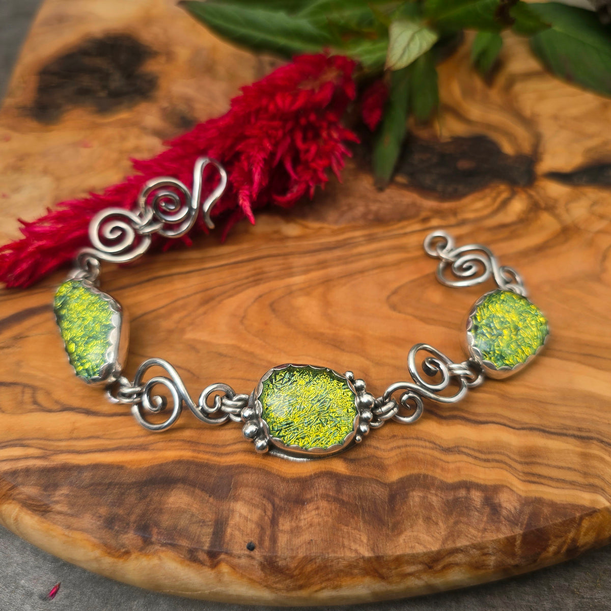 Yellow Dichroic Glass Sterling Silver Statement Chain Link Bracelet