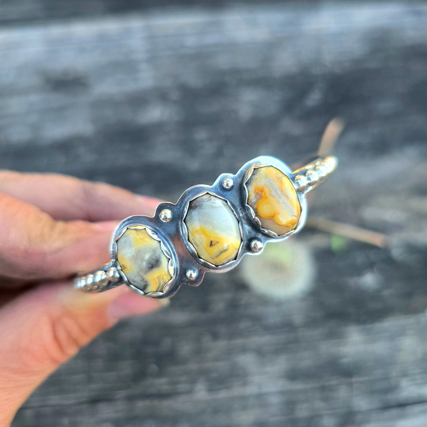 One-of-a-Kind Yellow Crazy Lace Agate Beaded Sterling Silver Cuff