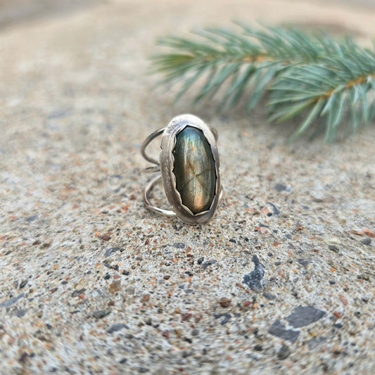 Yellow Flash Labradorite Hand-Forged Sterling Silver Ring