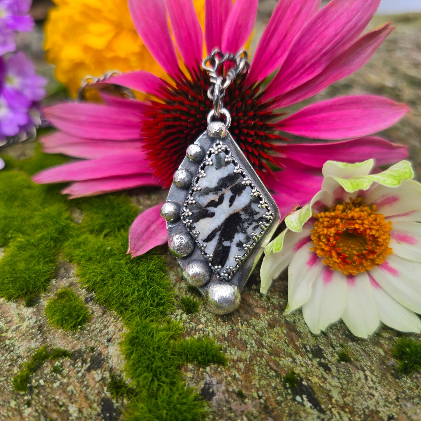 Zebra Jasper Big Bead Hand-Forged Sterling Silver Pendant