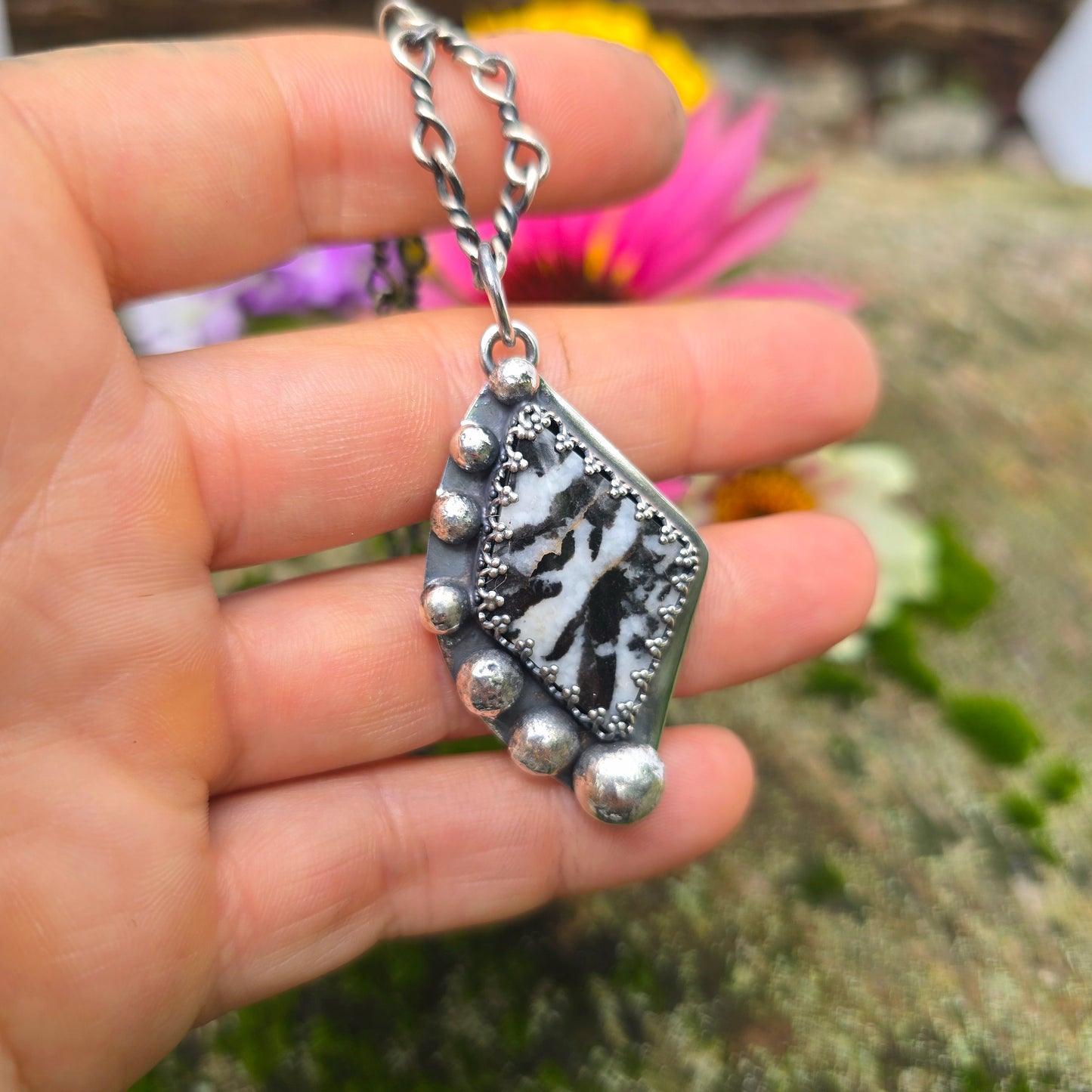 Zebra Jasper Big Bead Hand-Forged Sterling Silver Pendant
