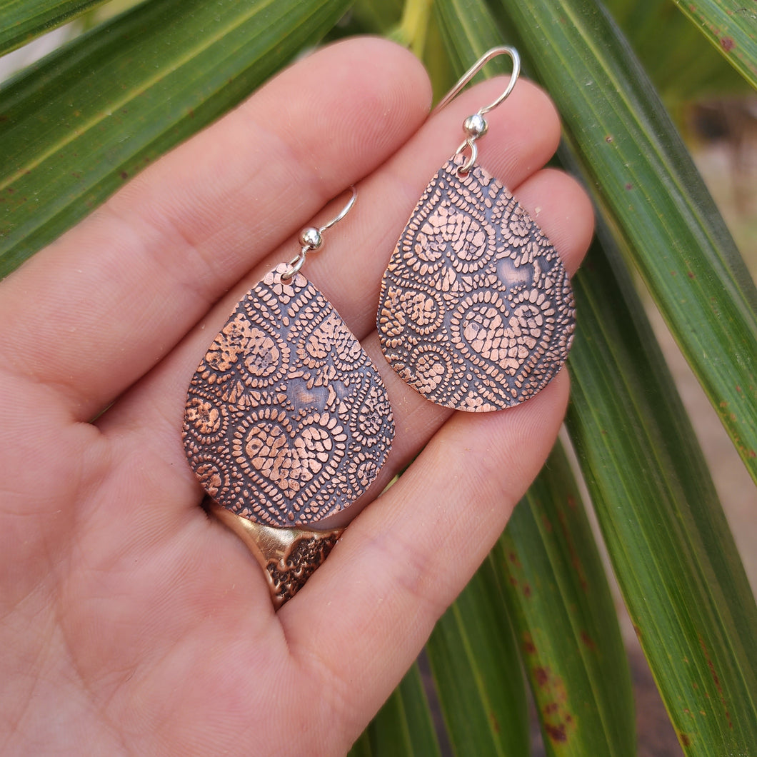 Copper Rain Drop Heart Print Earrings