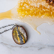 Load image into Gallery viewer, Bumblebee Jasper Pendant with Copper Honeycomb Bezel and Bee Accent
