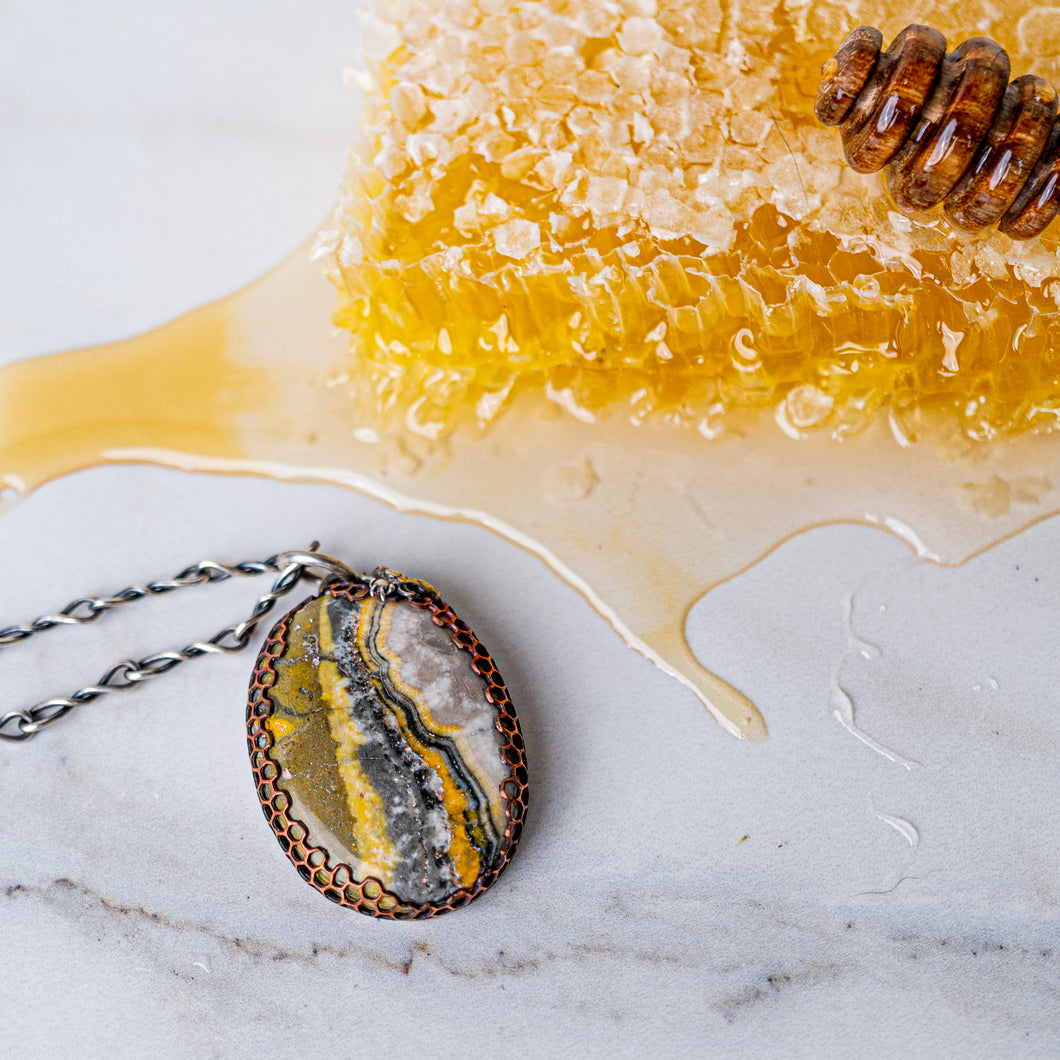 Bumblebee Jasper Pendant with Copper Honeycomb Bezel and Bee Accent
